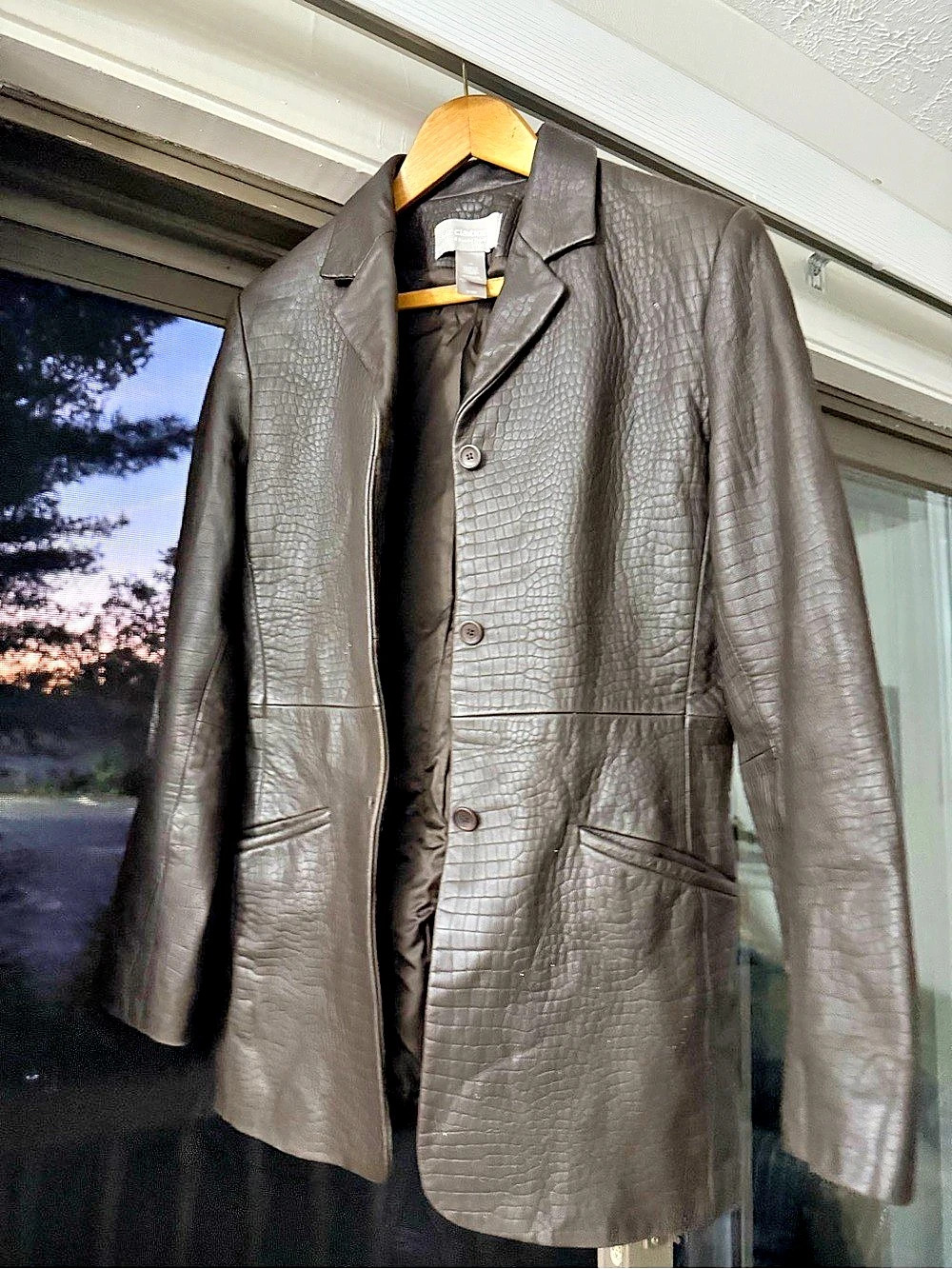 Liz Claiborne Crocodile-Texture Leather Jacket in Brown